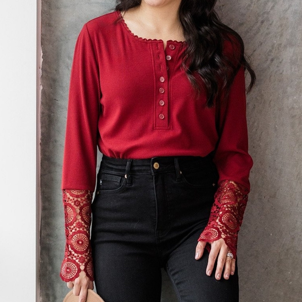 *NWT* ADA CASEY "My Sweet Time Top" Chic Red Lace Cuff Women's Long Sleeve Top
